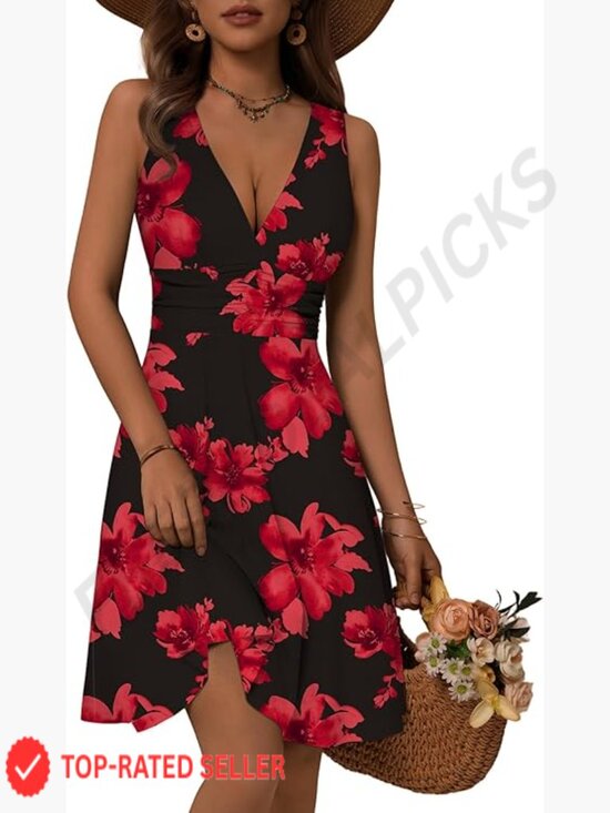 Dresses & Skirts - Deep V Neck Sleeveless Floral Sundress with Pockets Flowy Summer Dress